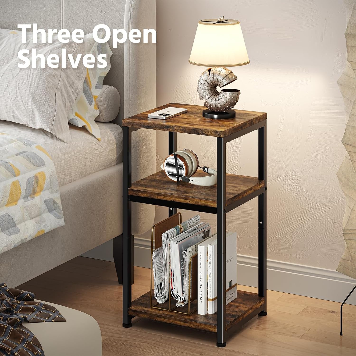 Bedside styling showing the three open shelves holding a lamp and magazines