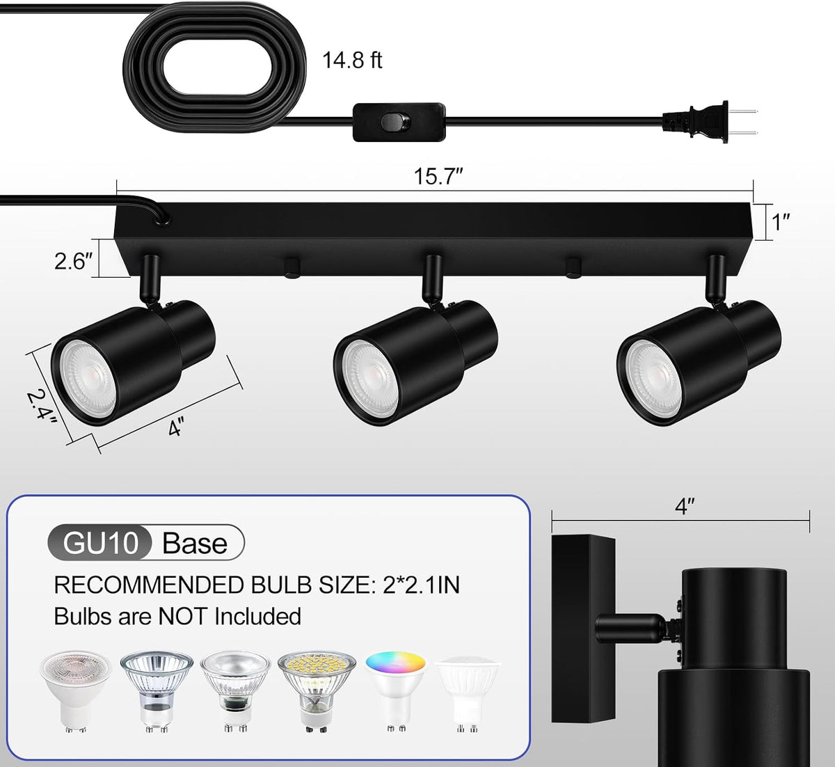 Dimension diagram showing 15.7" track, 4" x 2.4" heads, and 14.8 ft cord for black three-light fixture