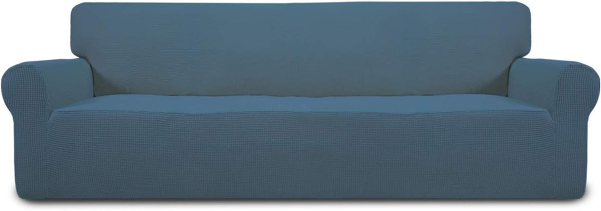 Front view of a muted blue-gray loveseat cover with a low-profile seat and smooth backrest.