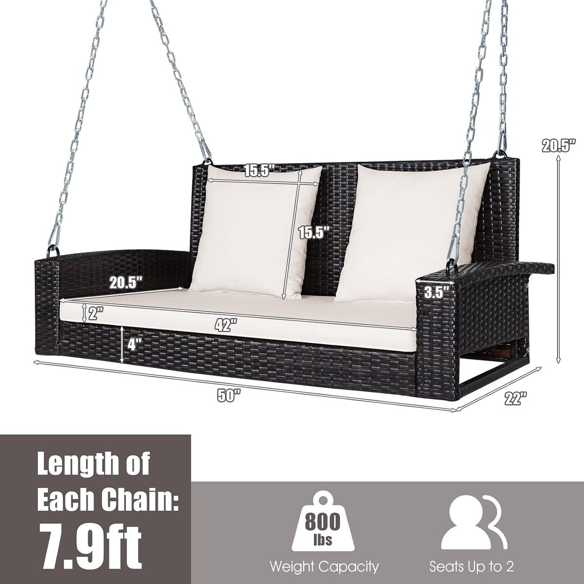 Front view diagram of the rattan porch swing showing measured dimensions, seat and back cushion sizes and chain placement