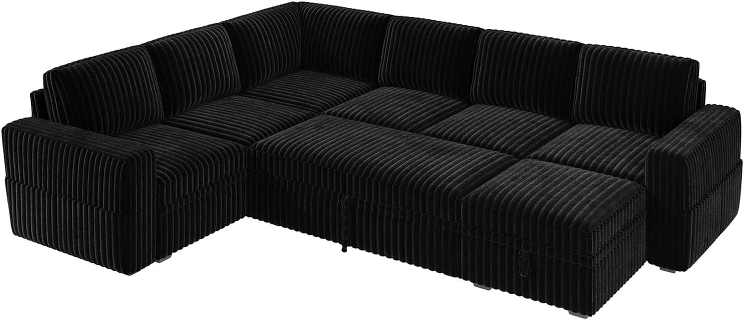 Modular Sectional Sleeper Sofa with Pull Out Bed,Corduroy U Shaped Couch with Storage, Sectional Couches for Living Room,Black