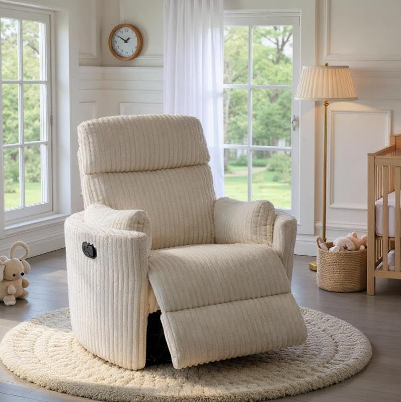 Beige corduroy recliner with footrest extended placed on a round rug by windows in a nursery setting.