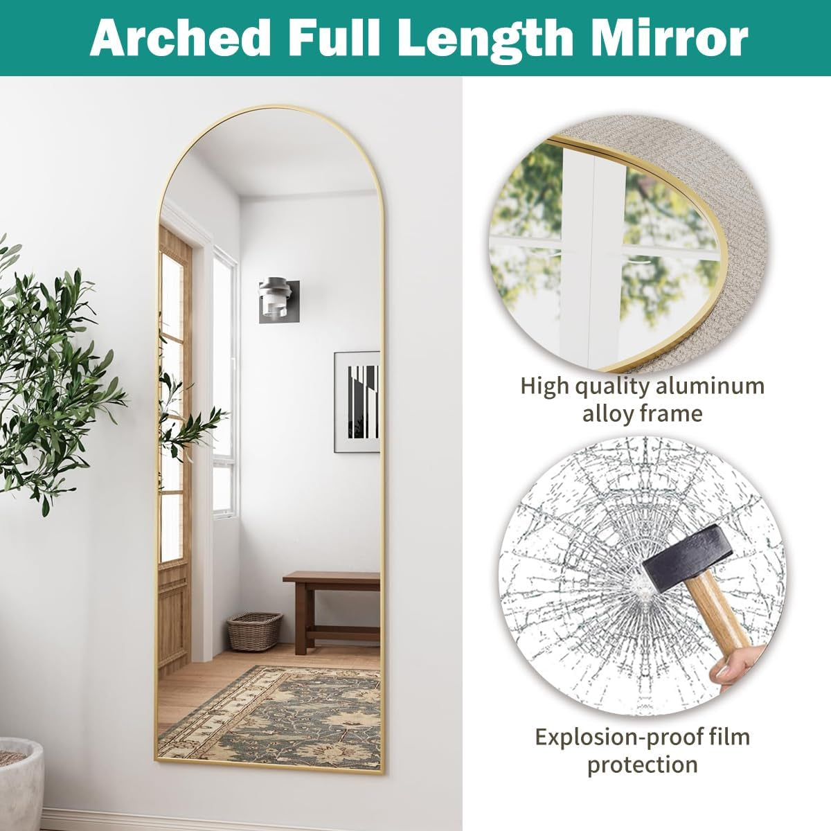 Graphic collage showing the arched mirror on a wall plus close-ups of the gold frame and shatter-test effect.