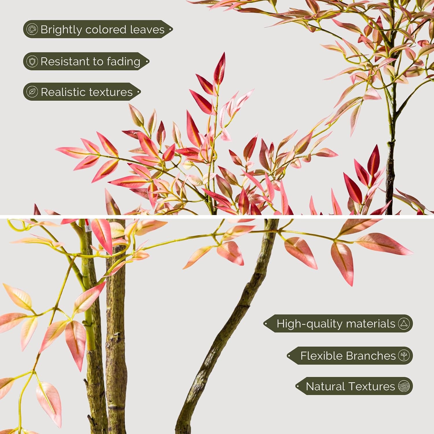 Close-up panels showing pink-tinted nandina leaves and textured aged bark trunks against a neutral background.