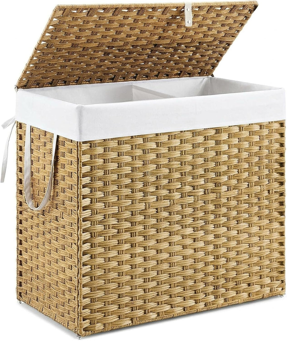 Close-up side view of woven rattan hamper with white liner folded over and side carrying handle visible