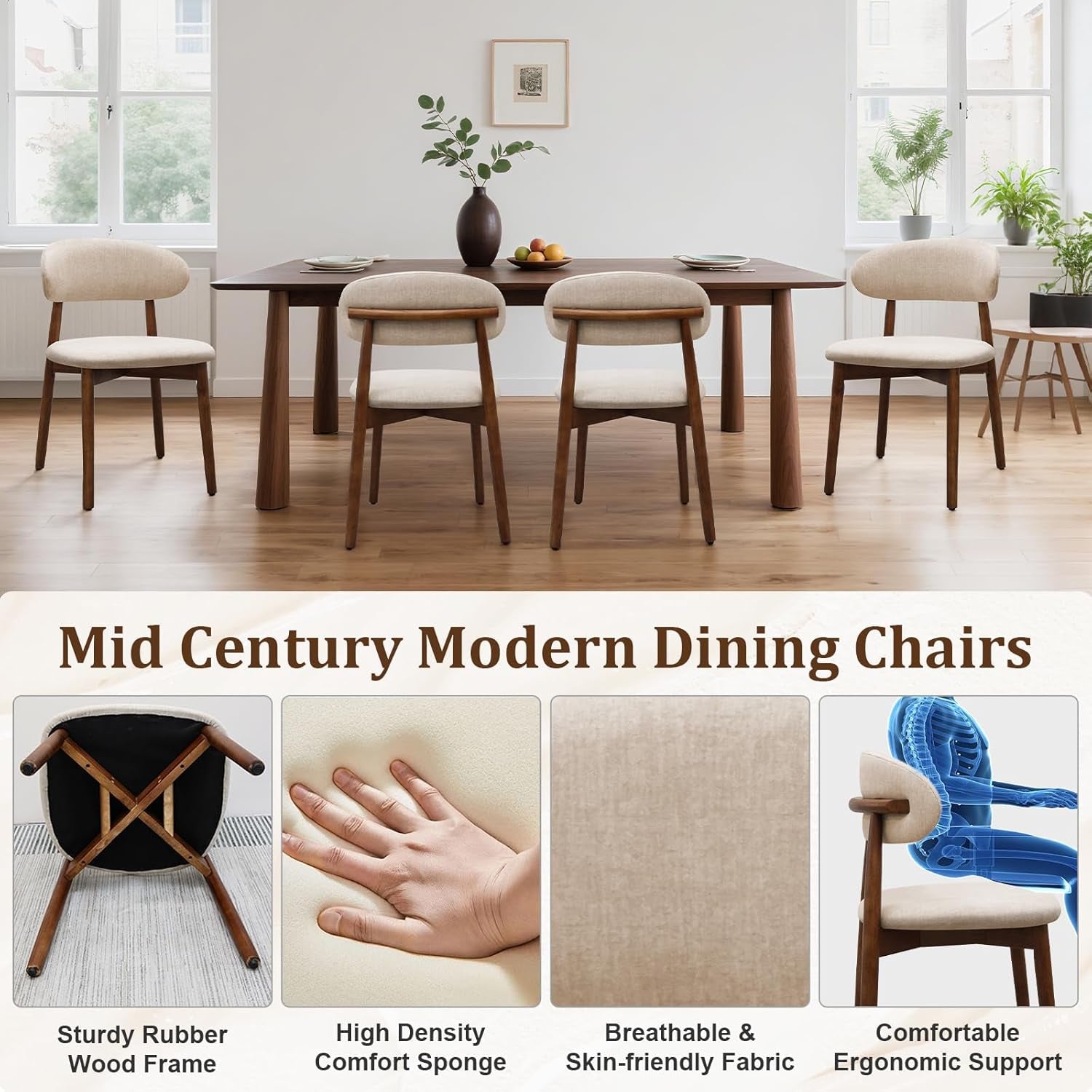 Four beige dining chairs at a wood table above panels showing frame, cushion, fabric and support.