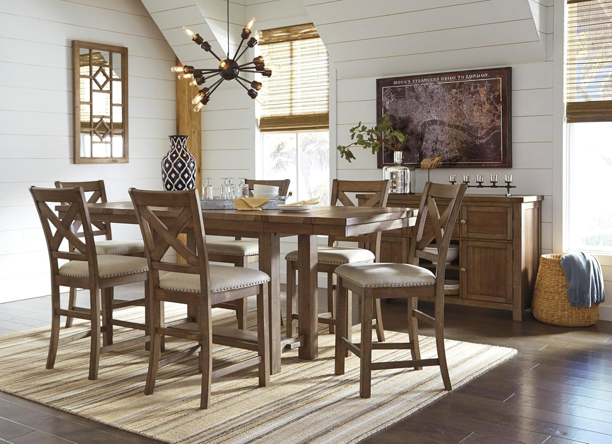 Dining room staged with a wooden counter-height table and upholstered beige-cushioned stools