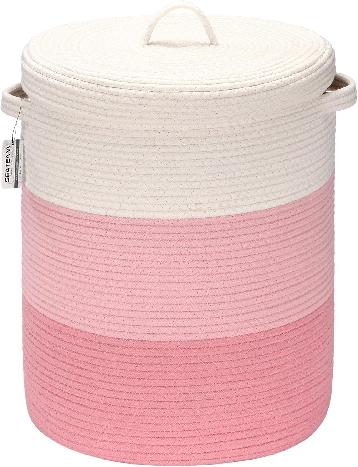 Pink and white tri‑tone cotton rope laundry basket with lid, close front studio view on a white background