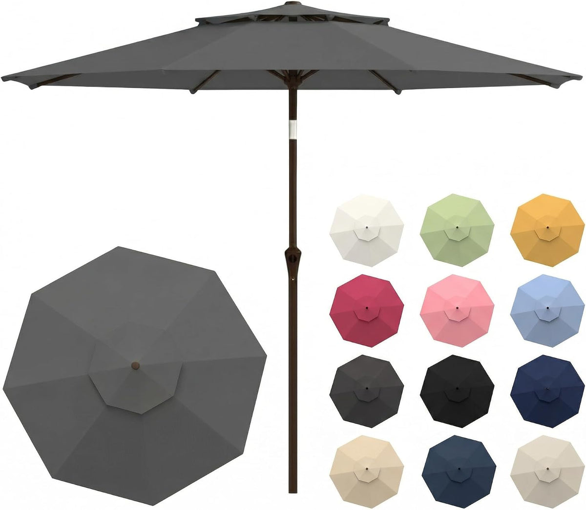 Dark gray outdoor market umbrella upright with a matching top-down inset and color swatches at right.