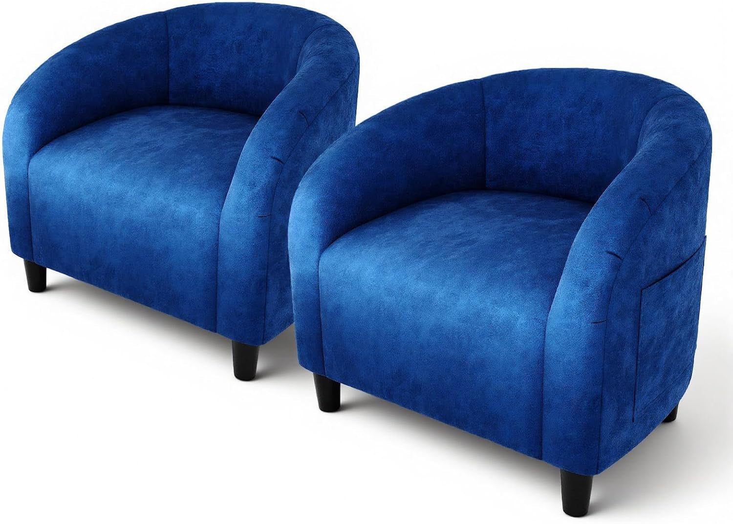 Two barrel-style accent chairs in vivid cobalt blue shown side by side on white background.