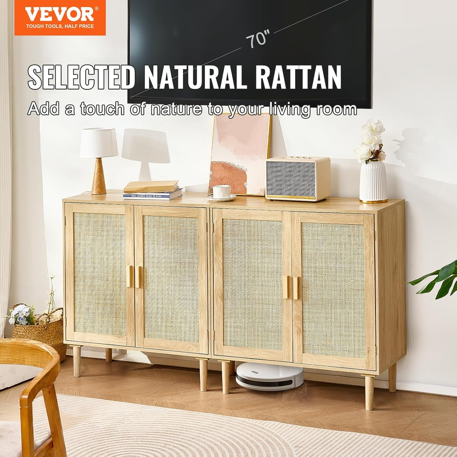Natural rattan buffet cabinet beneath a wall-mounted TV with a robot vacuum visible under the 5.7 in leg clearance