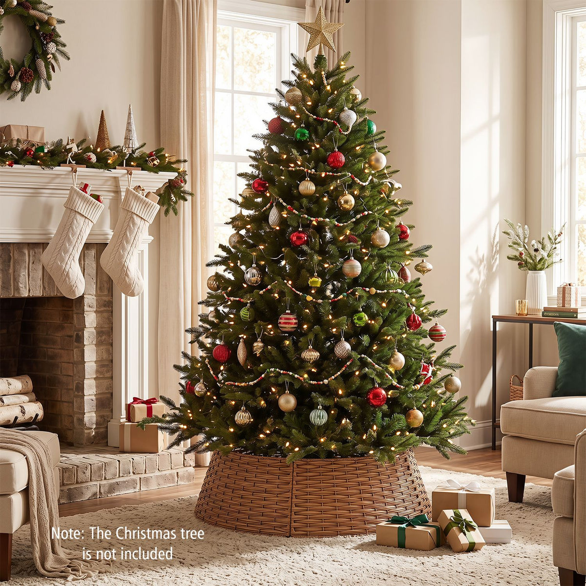 Decorated Christmas tree in a woven collar beside a fireplace, with gifts on the floor.