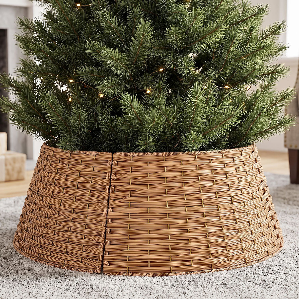 Close view of the woven collar around the base of a lit evergreen tree.