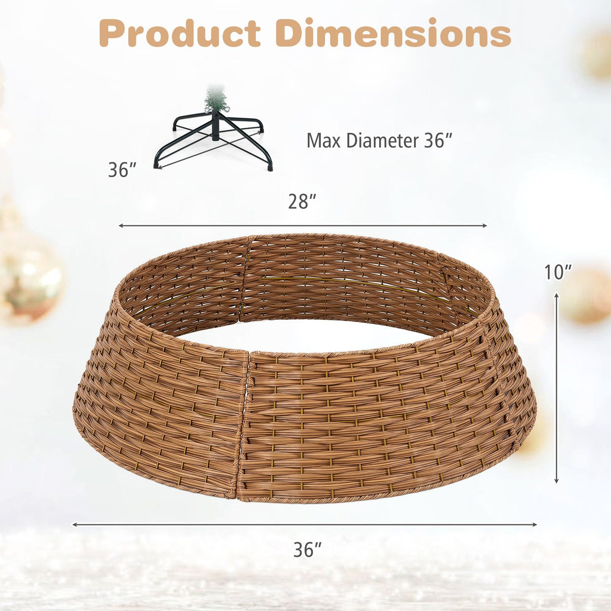 Woven brown tree collar shown with measurement arrows and a small tree stand illustration.