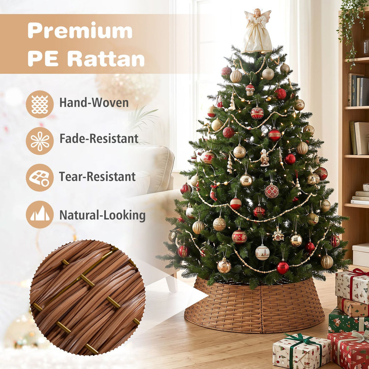 Close view of woven brown collar beneath a decorated tree, with a circular detail of its woven surface.