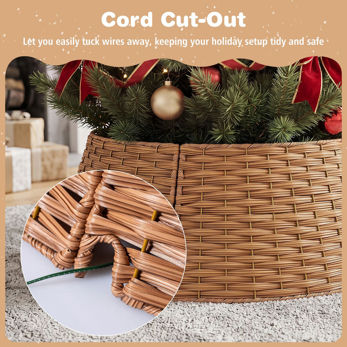 Woven collar beneath tree branches, with an inset showing a cord passing through an opening at the base.