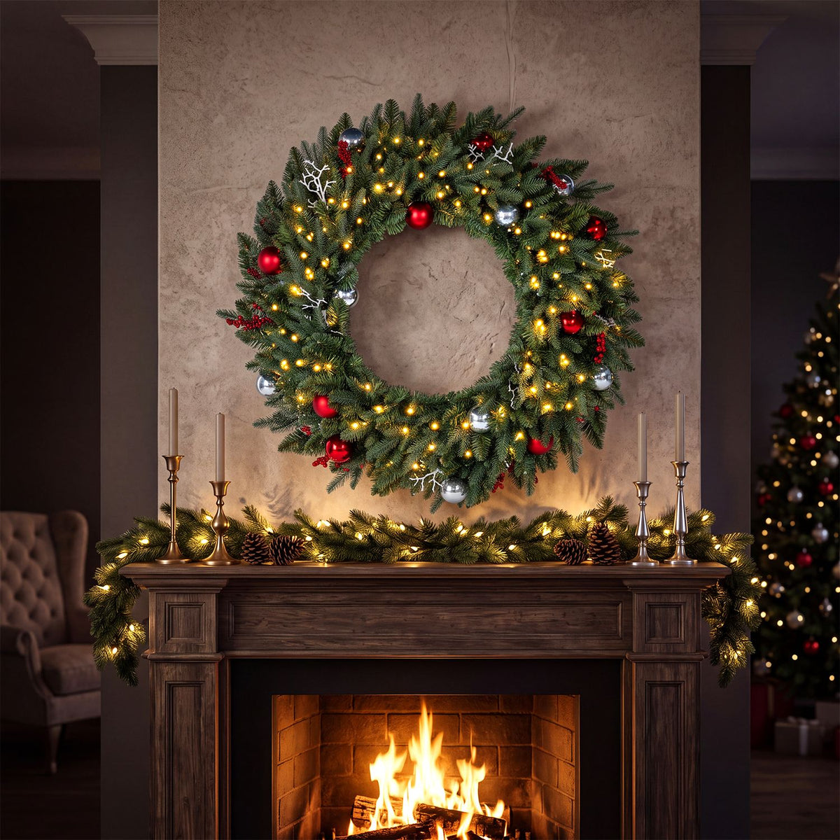 Lit evergreen wreath with red and silver ornaments hanging above a decorated fireplace.