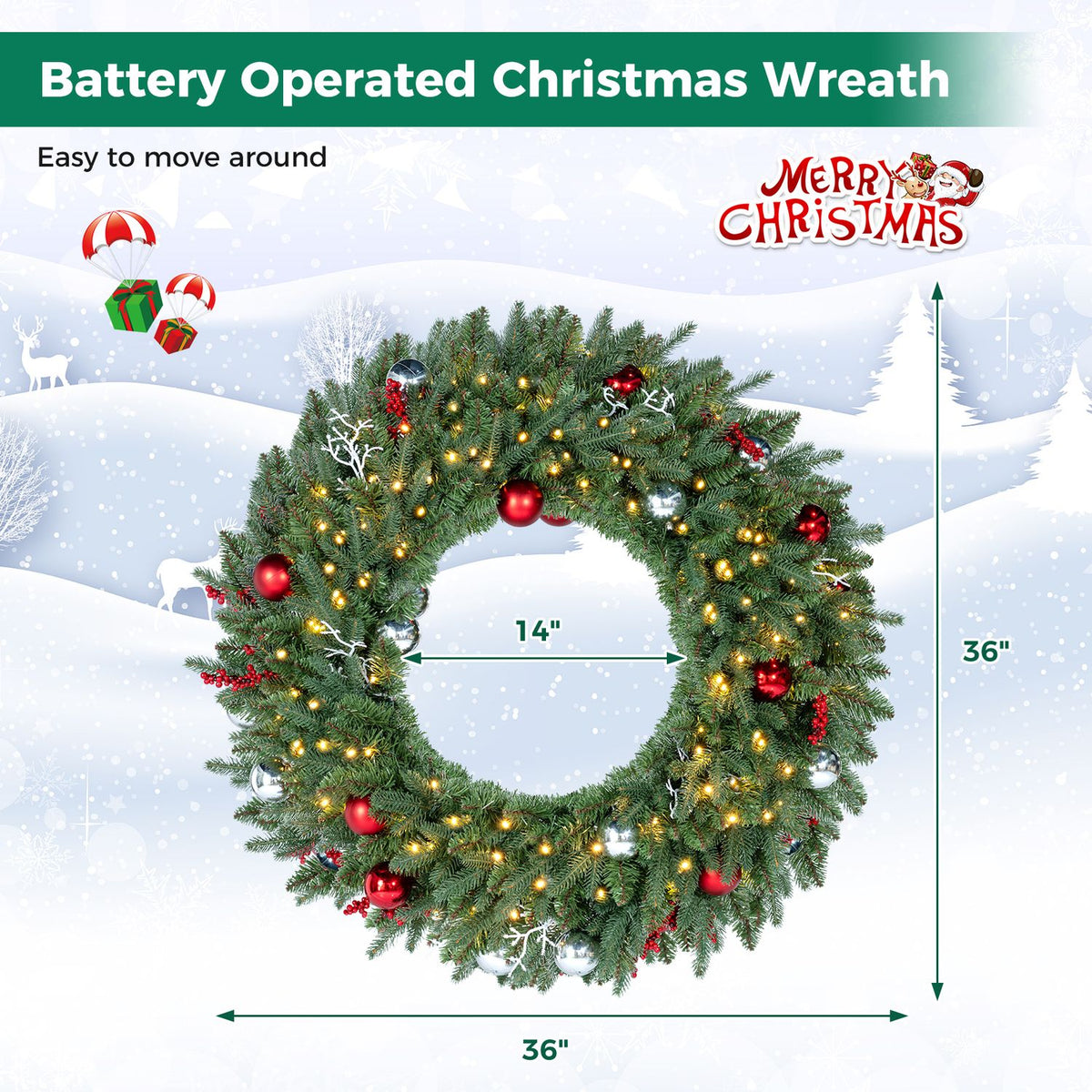 Decorated, illuminated wreath shown against a winter-themed graphic with measurement arrows.