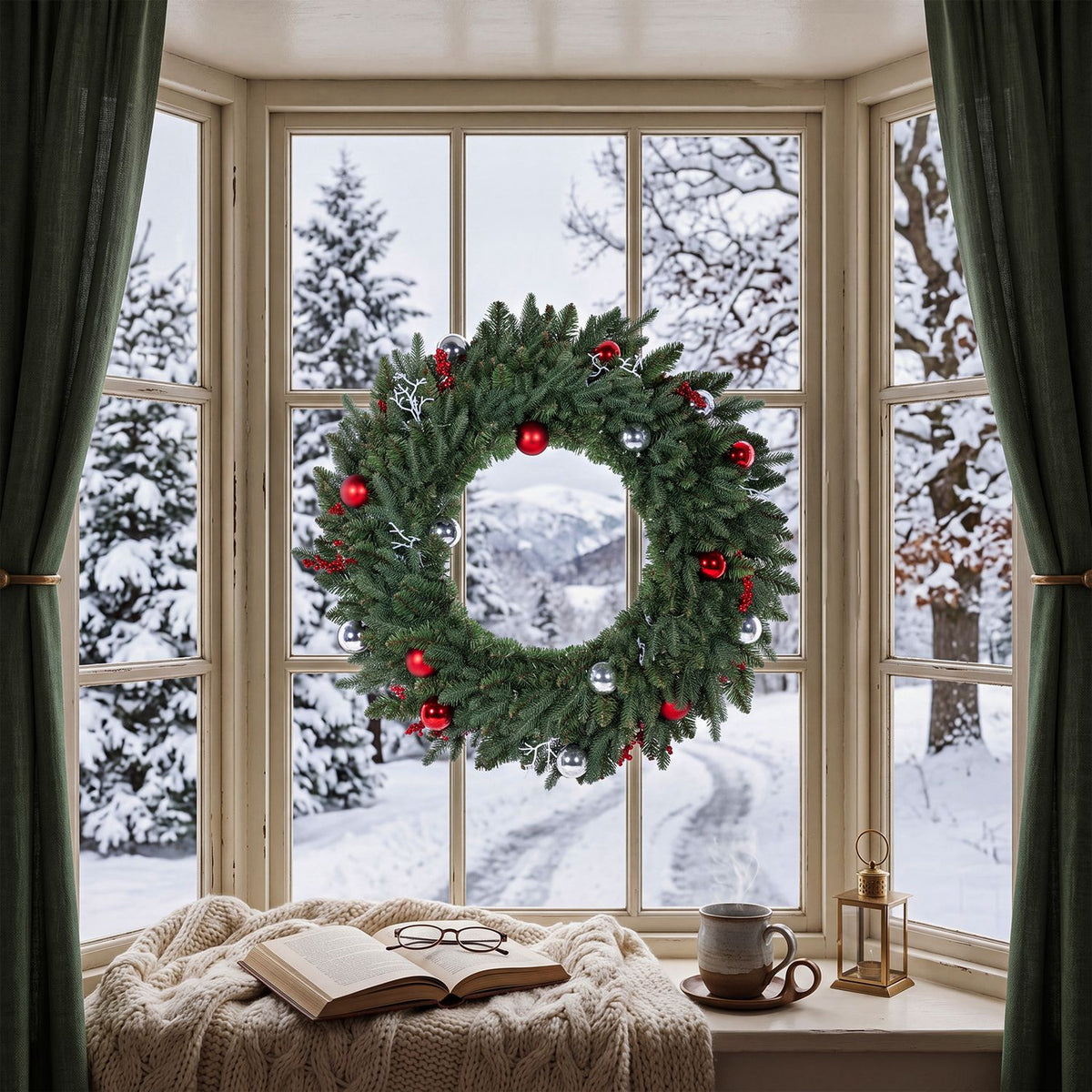 Ornamented evergreen wreath displayed on a window above a cozy reading nook.
