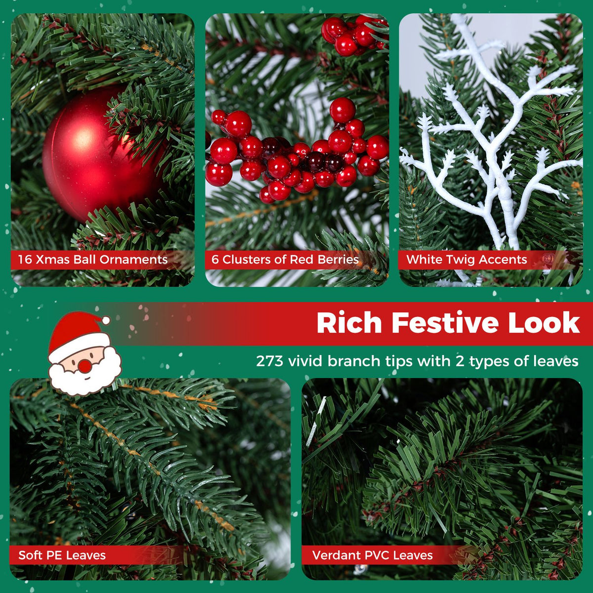 Close-up panels show a red ornament, berry clusters, white twig accents, and two types of green wreath foliage.