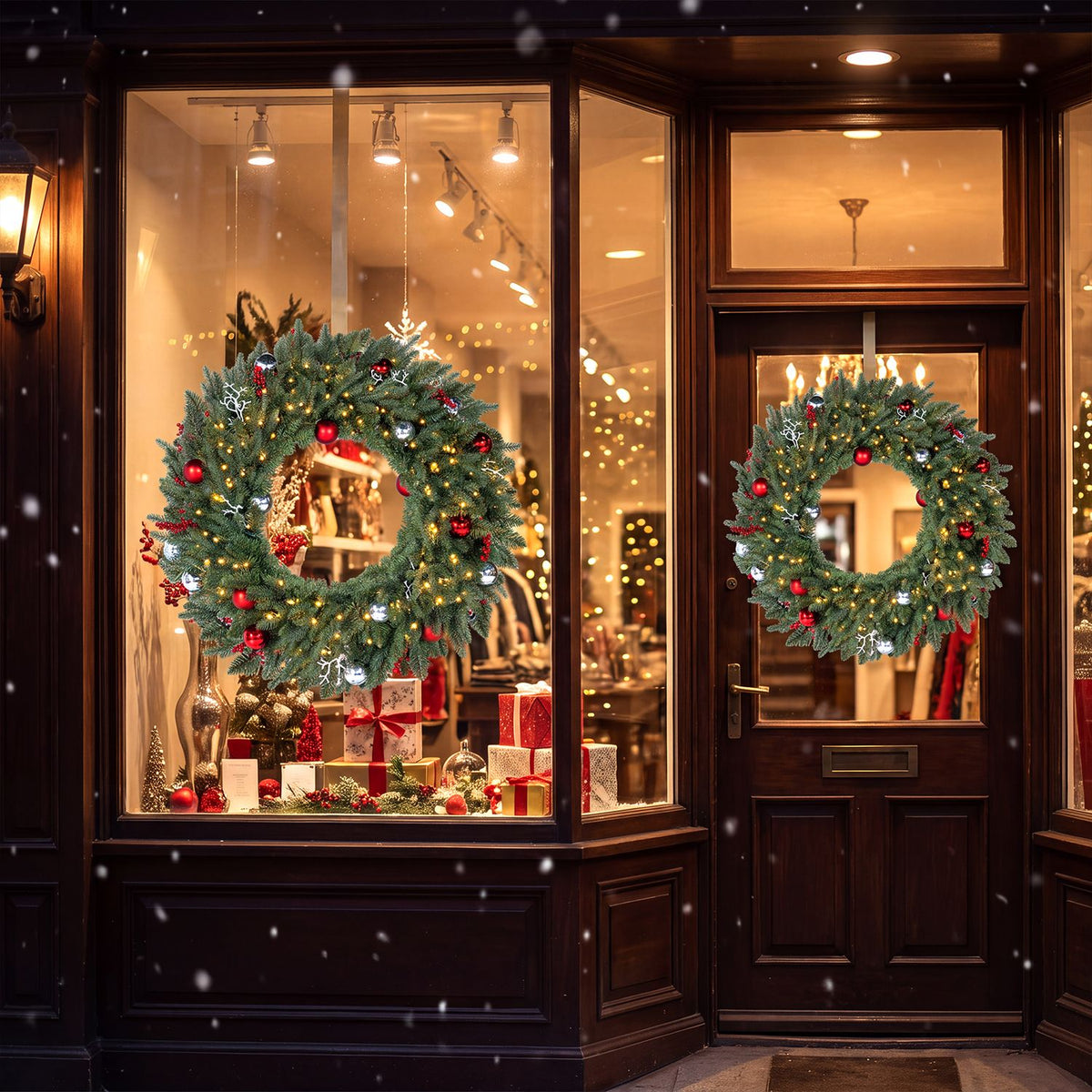 Two lit evergreen wreaths with red ornaments displayed in a warmly lit storefront window and door.