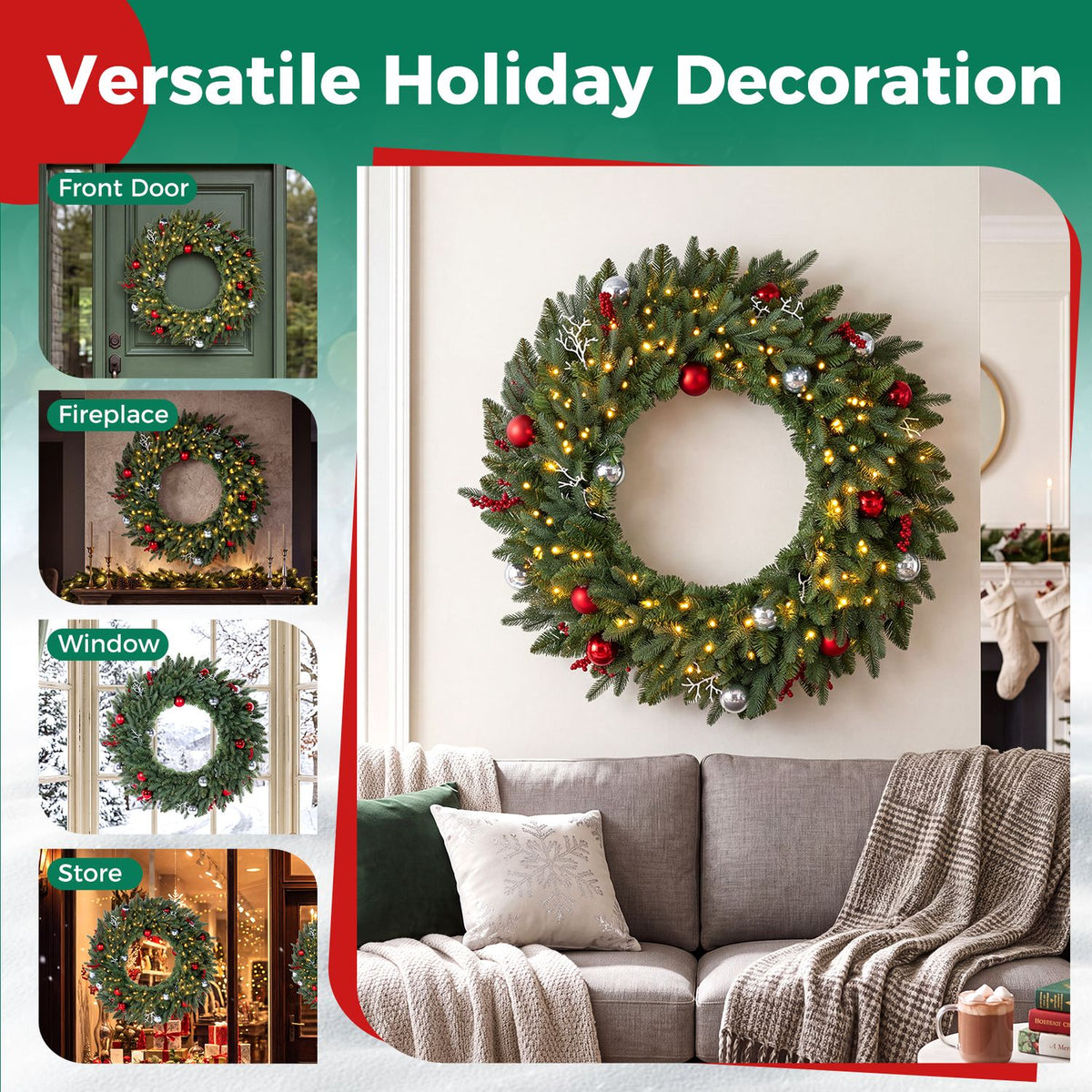 Lit evergreen wreath with red and silver ornaments displayed above a sofa, with smaller placement examples at left.