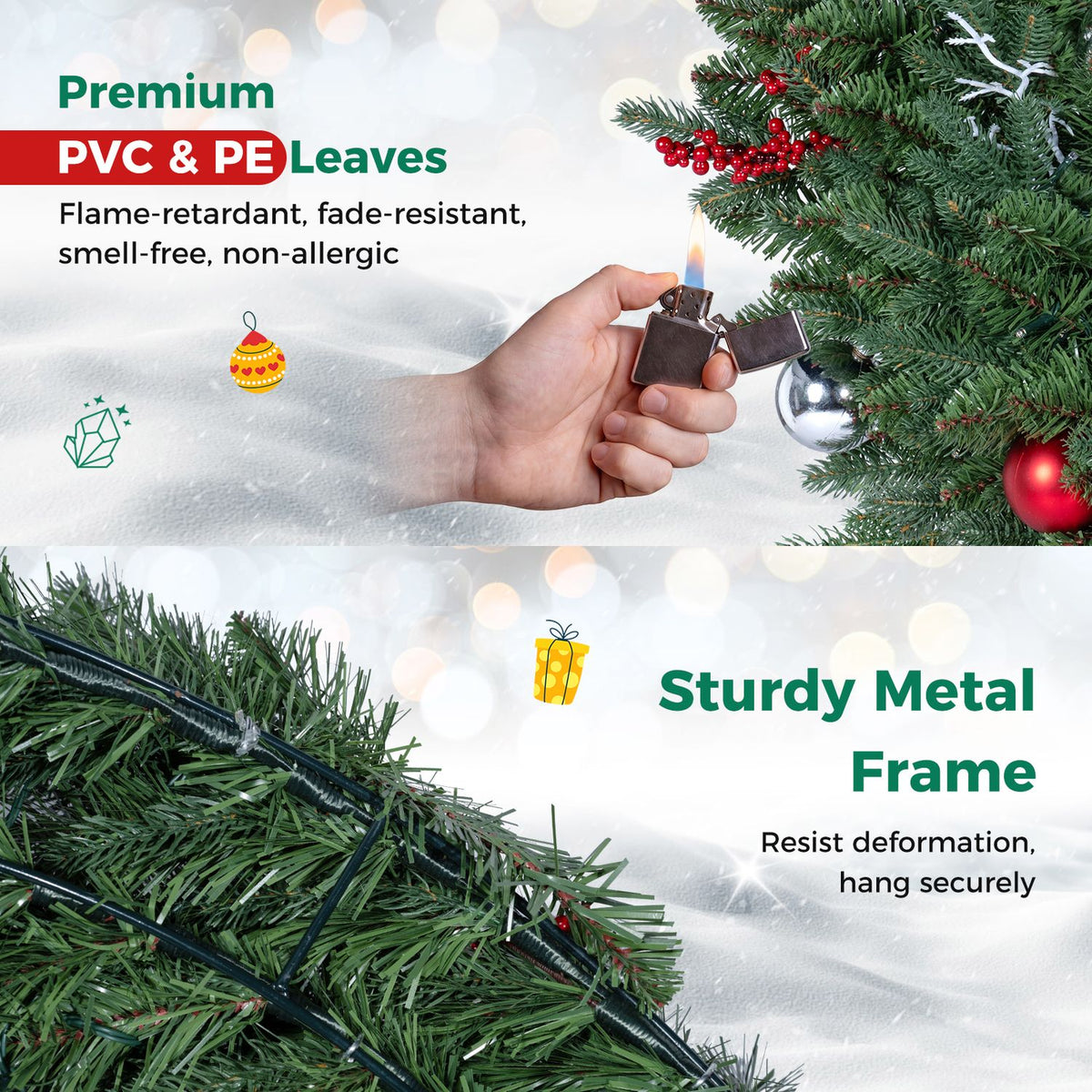 Close-up of evergreen wreath branches, a hand holding a lighter near the foliage, and the dark metal frame.
