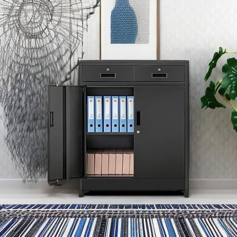 Black metal storage cabinet in a living area with doors open displaying file binders on the shelf
