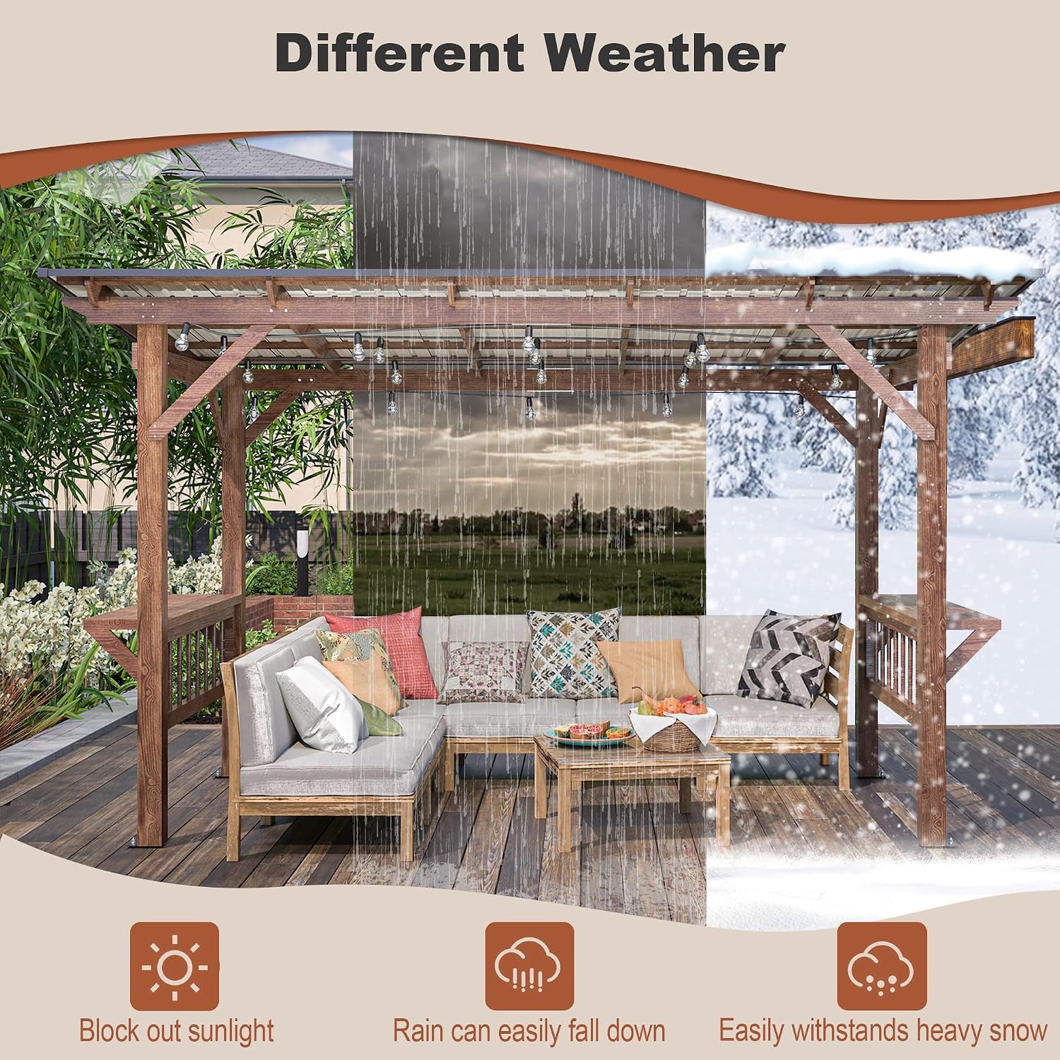 Gazebo shown in split weather scene illustrating rain and snow shedding from the sloping metal roof