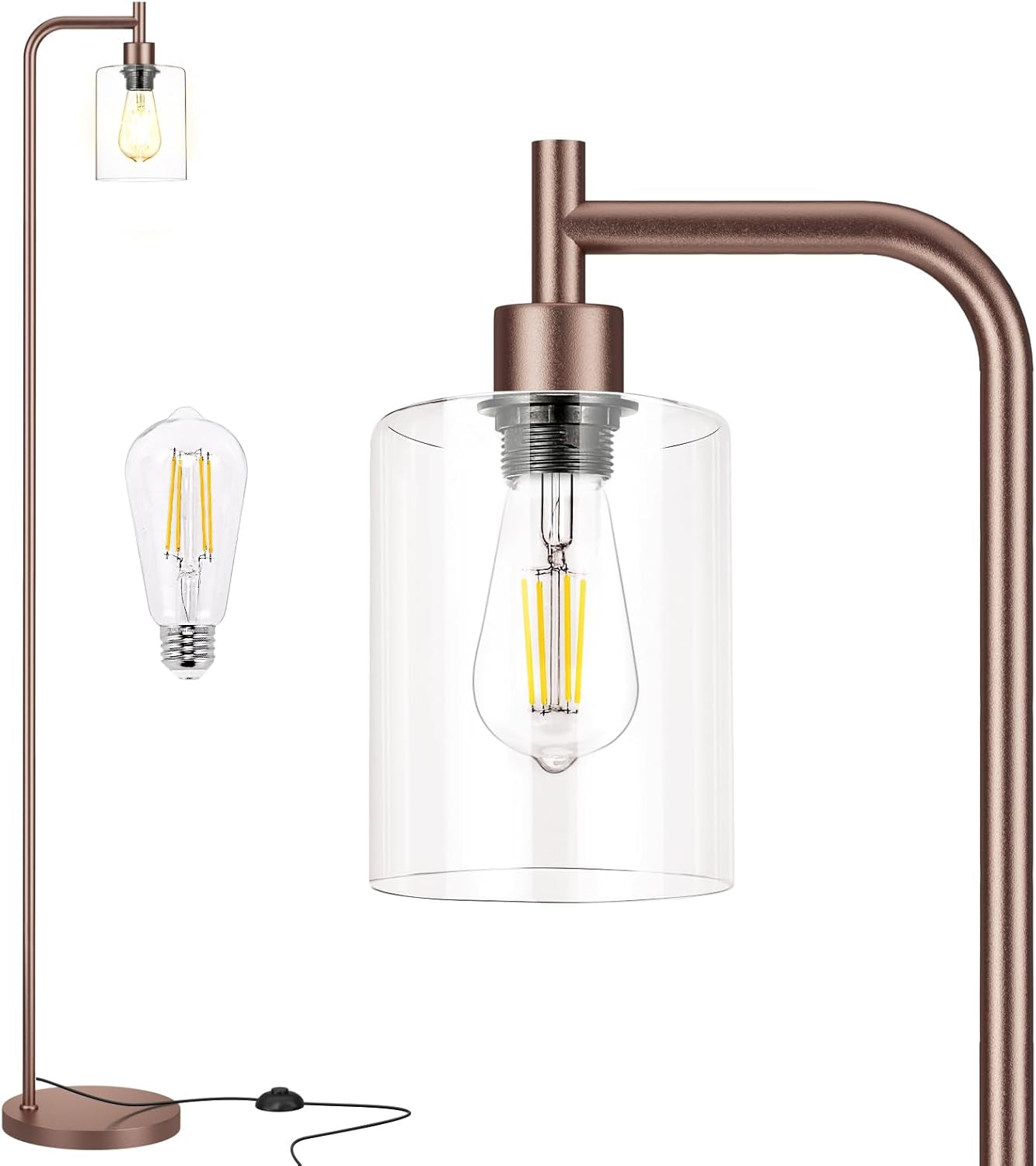 Rose-bronze finish floor lamp with clear cylindrical glass shade and LED-style bulb close-up.