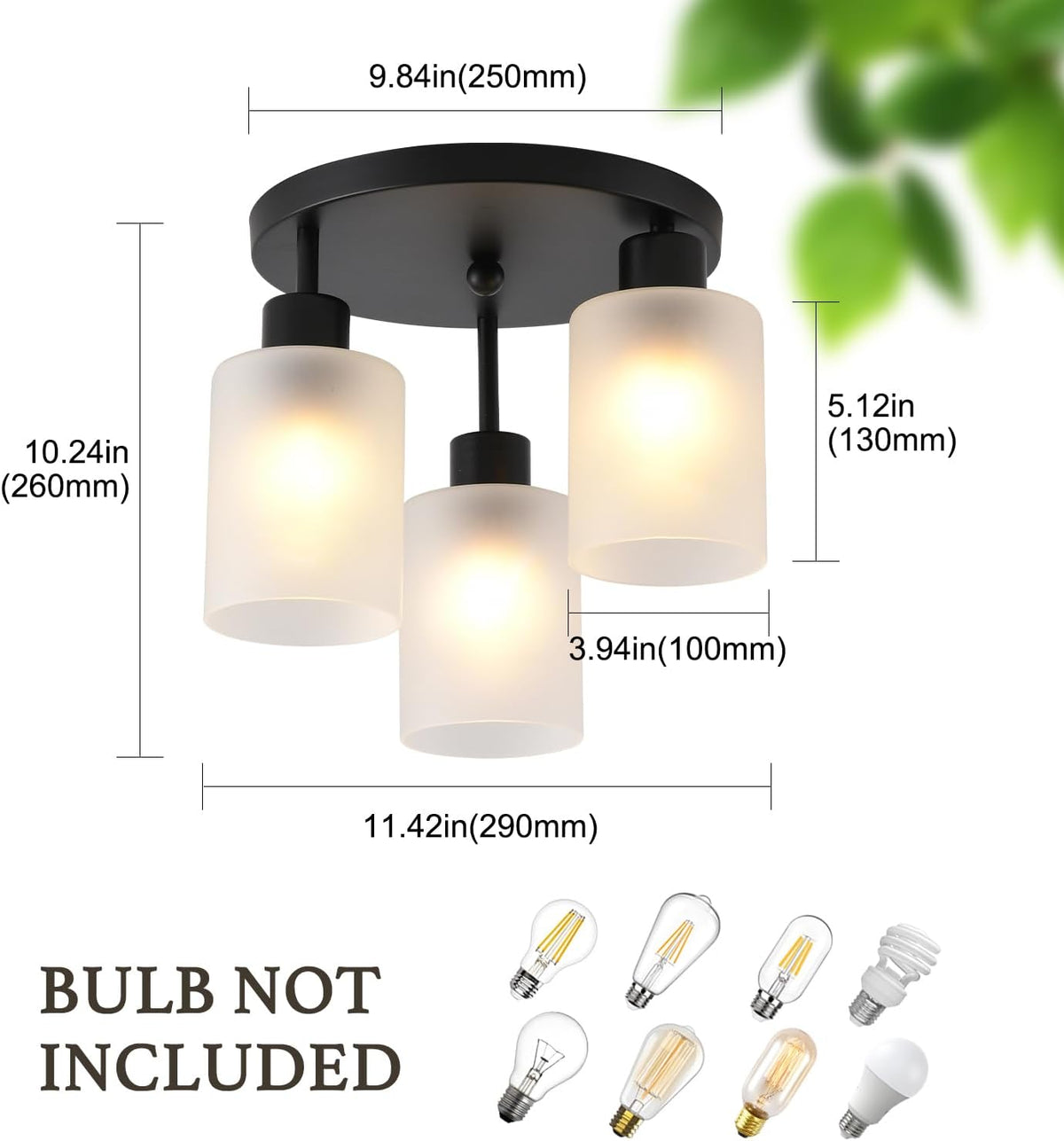 Front view of the three-light fixture with measurement lines and bulb illustrations below.