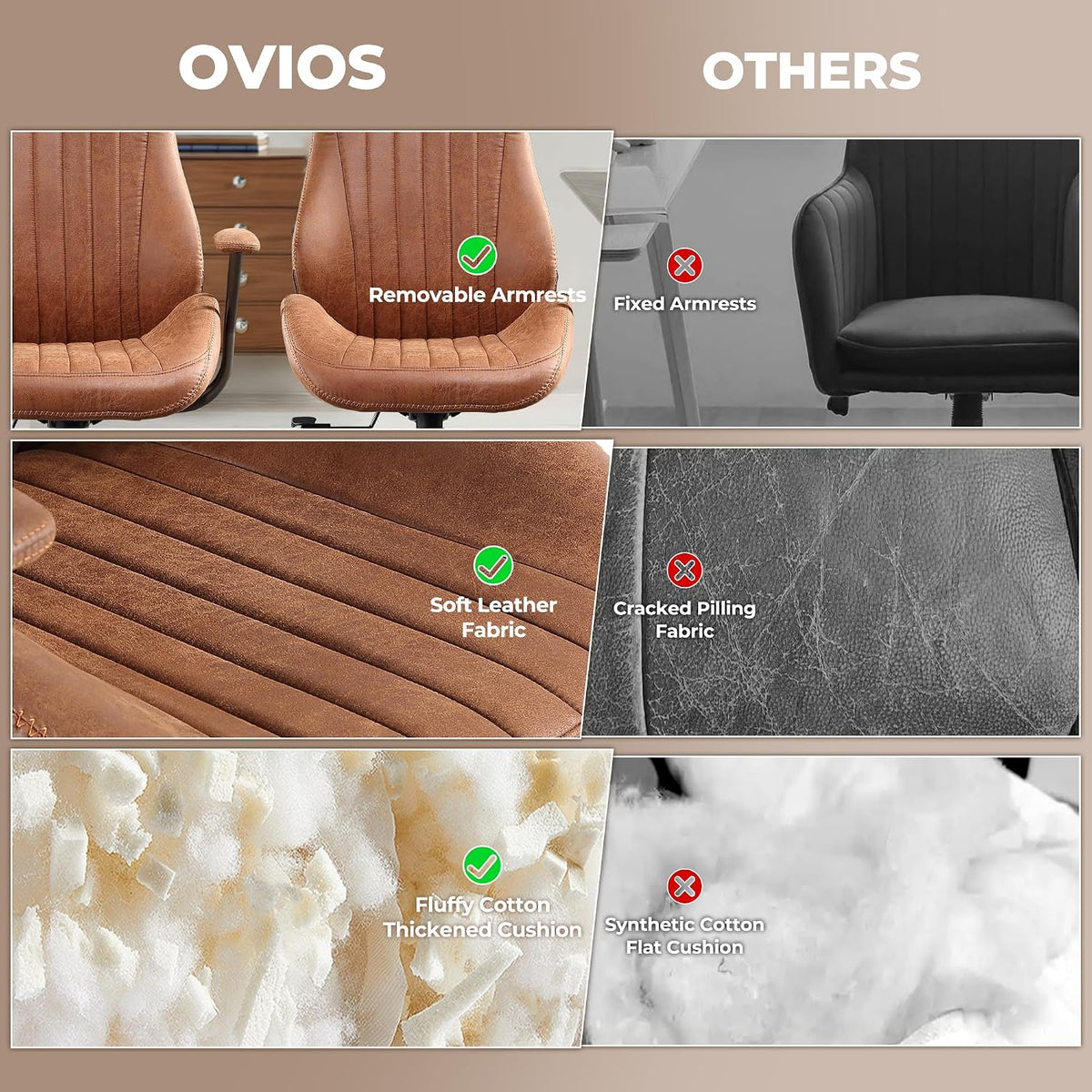 Four-panel comparison collage showing brown suede chair parts, fabric close-up and cushion fill vs worn alternatives