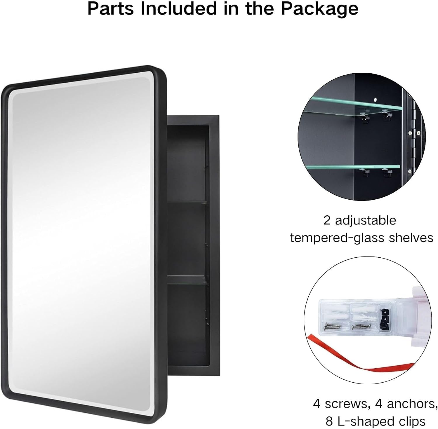 Front view of the cabinet with two circular callouts showing tempered-glass shelves and packaged mounting hardware.