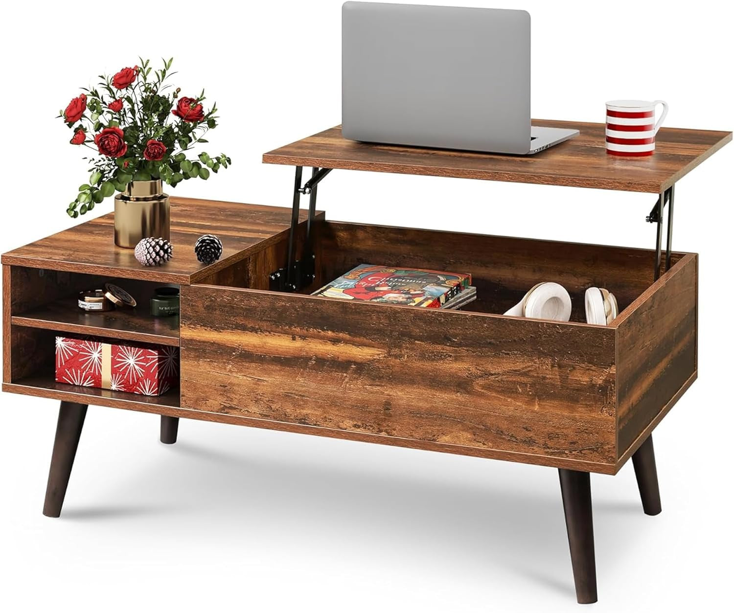 Lift-top engineered-wood coffee table in rustic brown showing raised tabletop and open hidden storage compartment