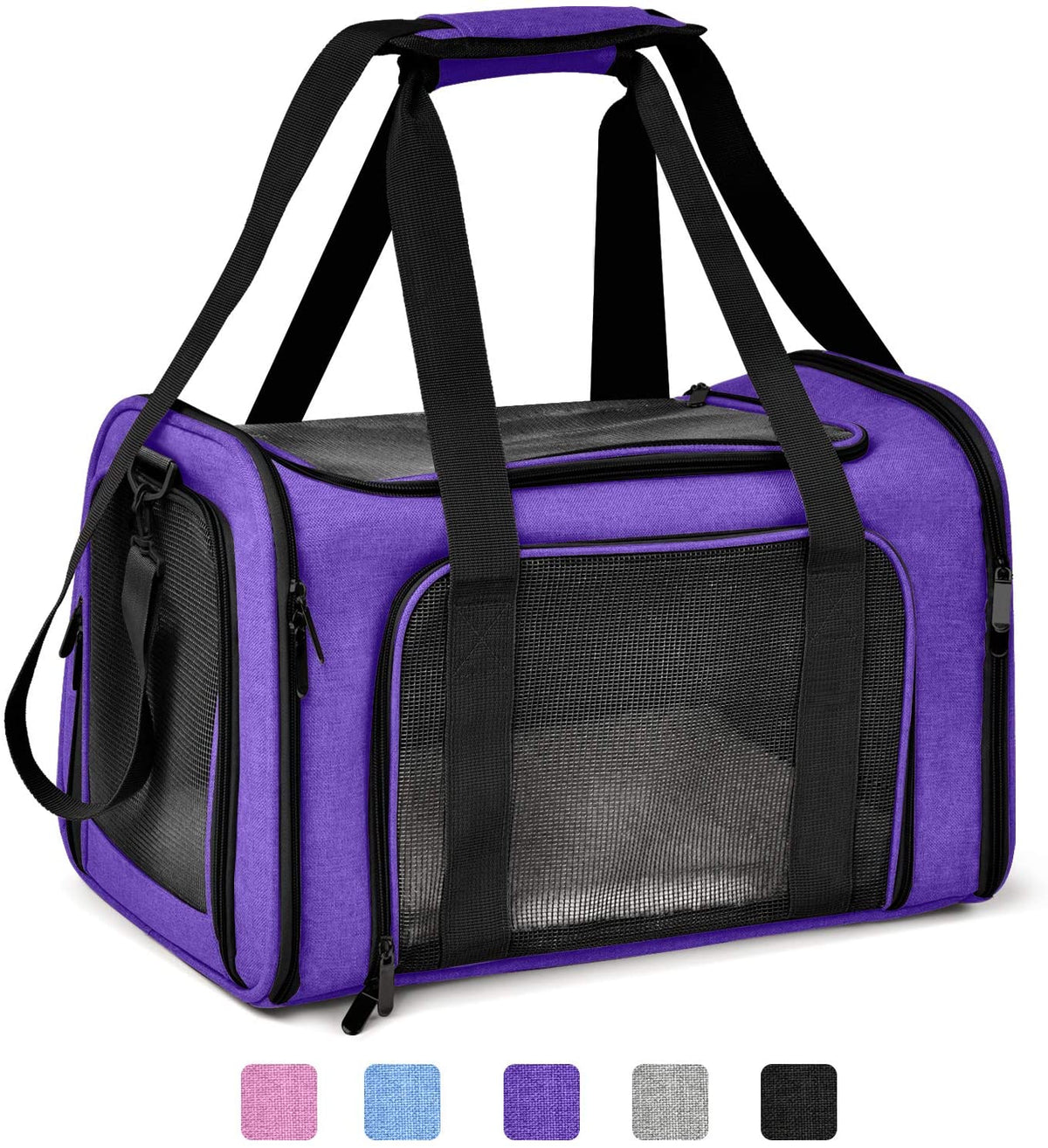Soft-sided foldable pet carrier in purple with black mesh windows and black carry straps, angled front view with color
