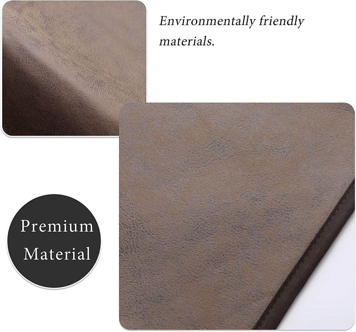 Brown faux leather surface texture and stitched finished edge close-up