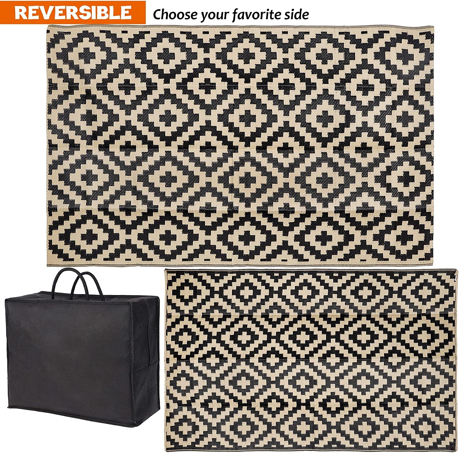 Two rug orientations displayed side by side with a black storage bag below, showing reversible pattern options