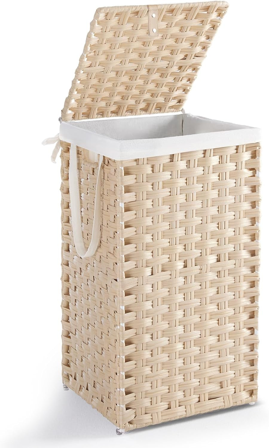 Left-angle shot of the light beige version with lid propped open and a soft white liner inside.