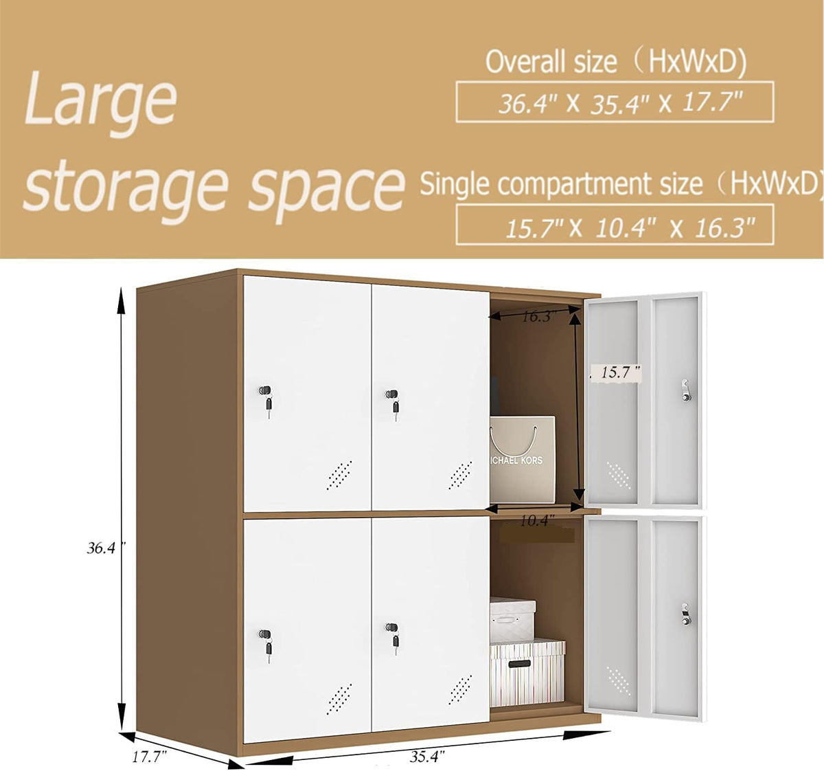 Dimension diagram of the 6-compartment locker showing overall size 36.4 x 35.4 x 17.7 in and single compartment measurements