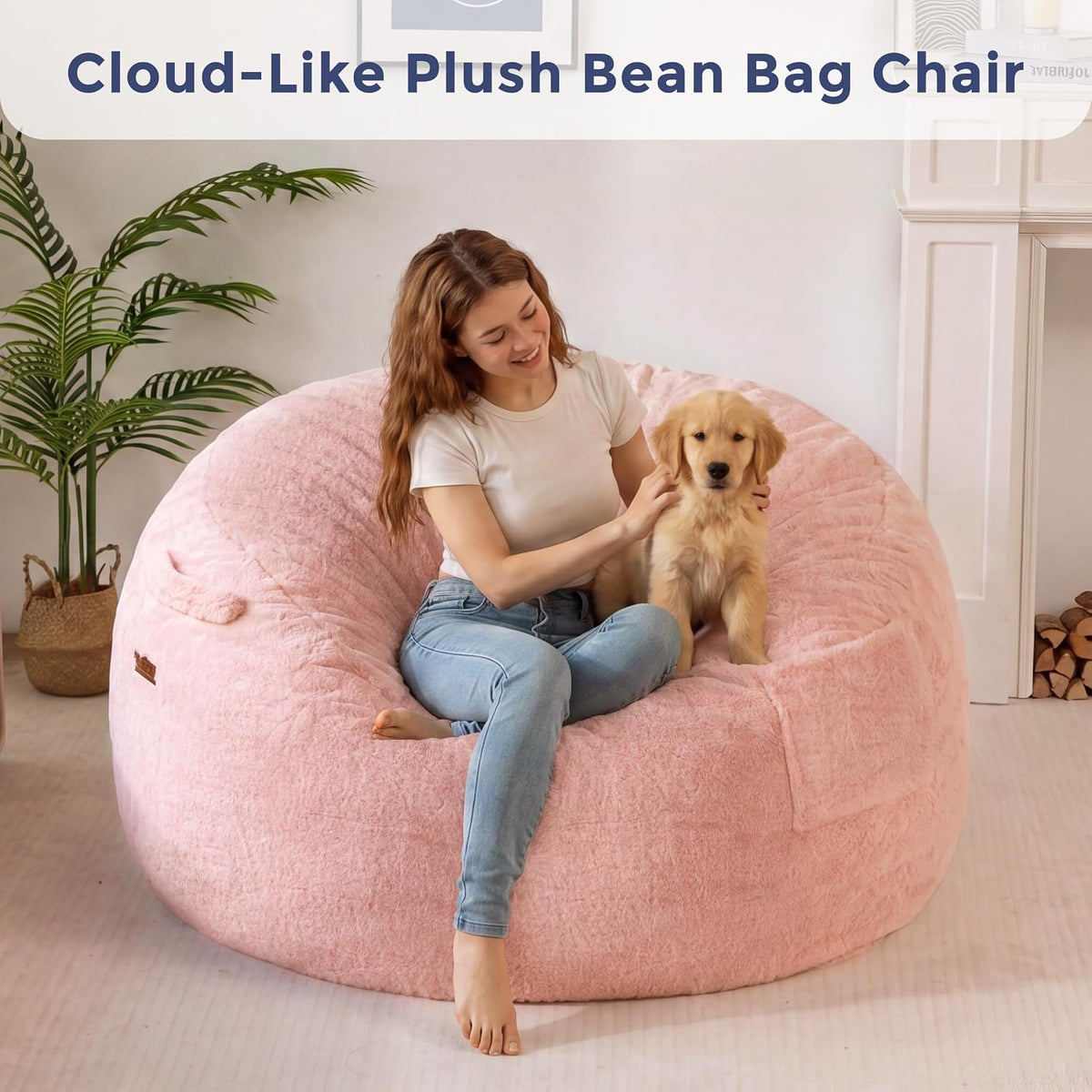 Person and small puppy sitting together on a pink faux-fur bean bag chair in a living room setting