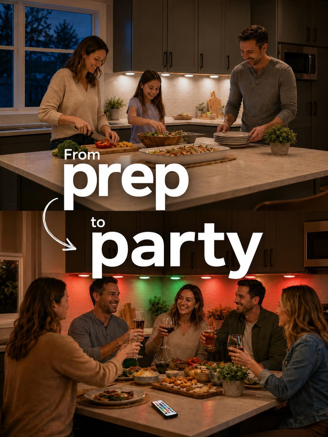 Top: family prepping at a kitchen island under warm under-cabinet lights; bottom: friends partying with multicolored
