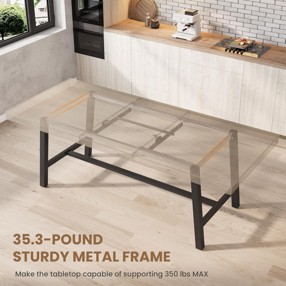 Three-quarter view of the black metal table base and visible butterfly leaf extension mechanism in a bright kitchen.