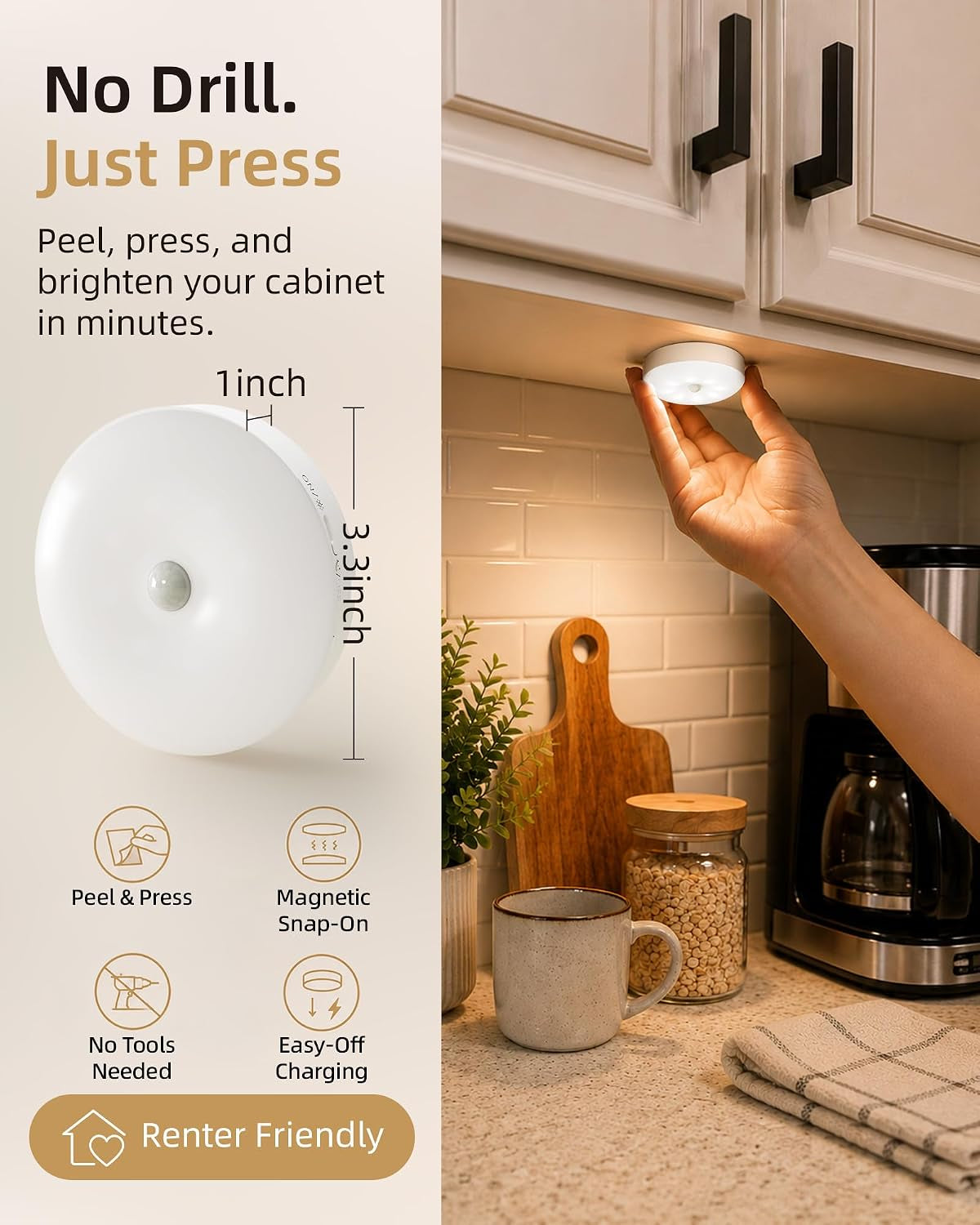 Hand pressing a white puck light under a cabinet with icons for peel-and-press, magnetic snap-on and easy charging
