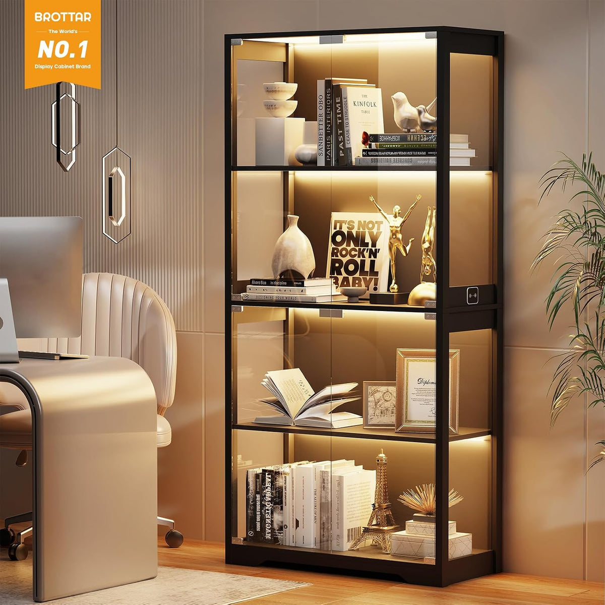 Black display cabinet shown in a warm interior with amber LED lighting illuminating decorative objects on each shelf