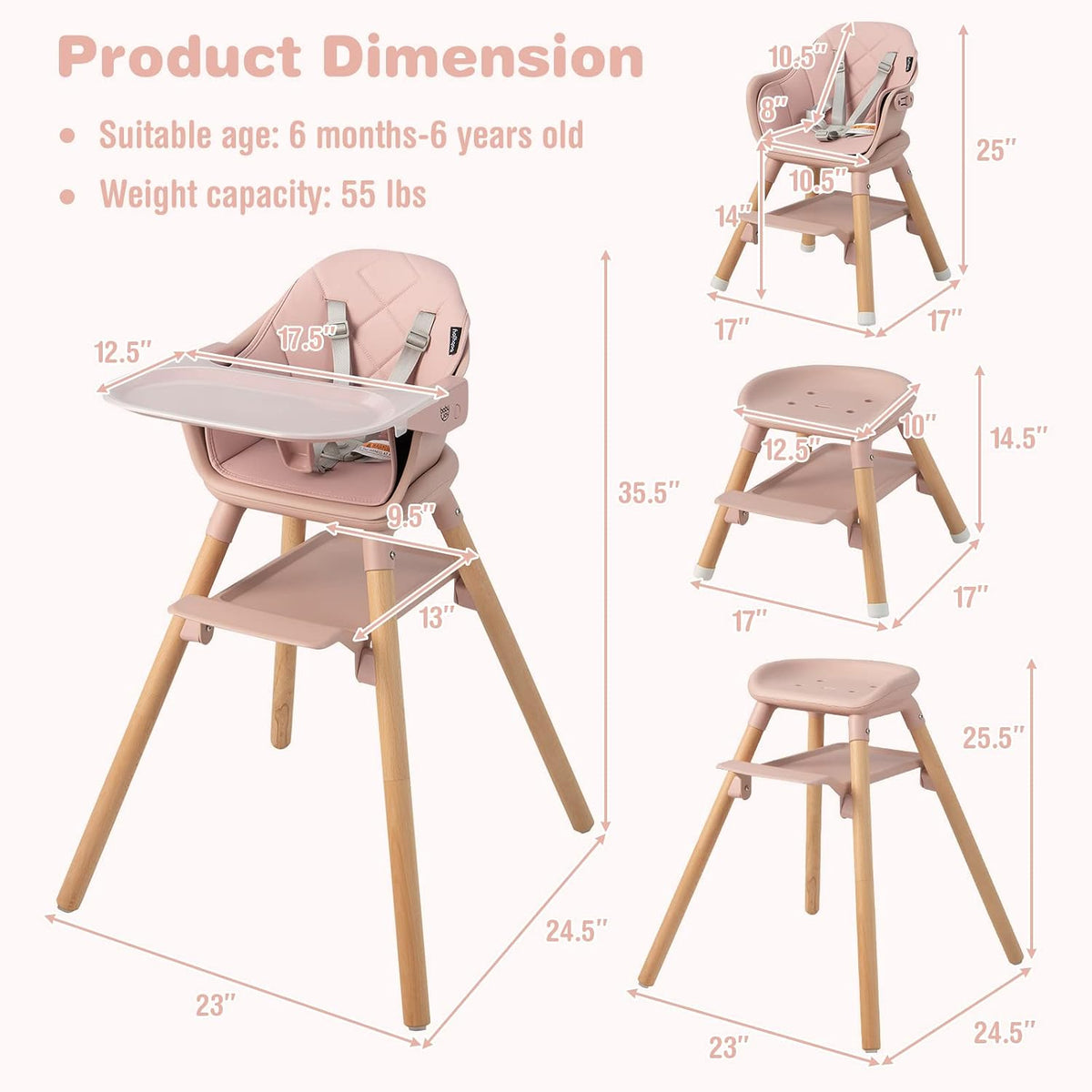 Multiple views of the pink chair with dimension arrows showing heights and seat/tray measurements.