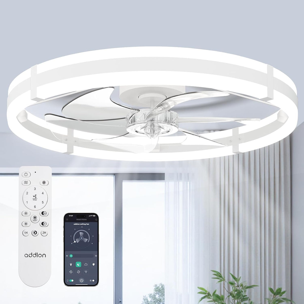 Low-angle close-up of the white LED ring and transparent fan blades, showing the fan's center hub and diffuser.