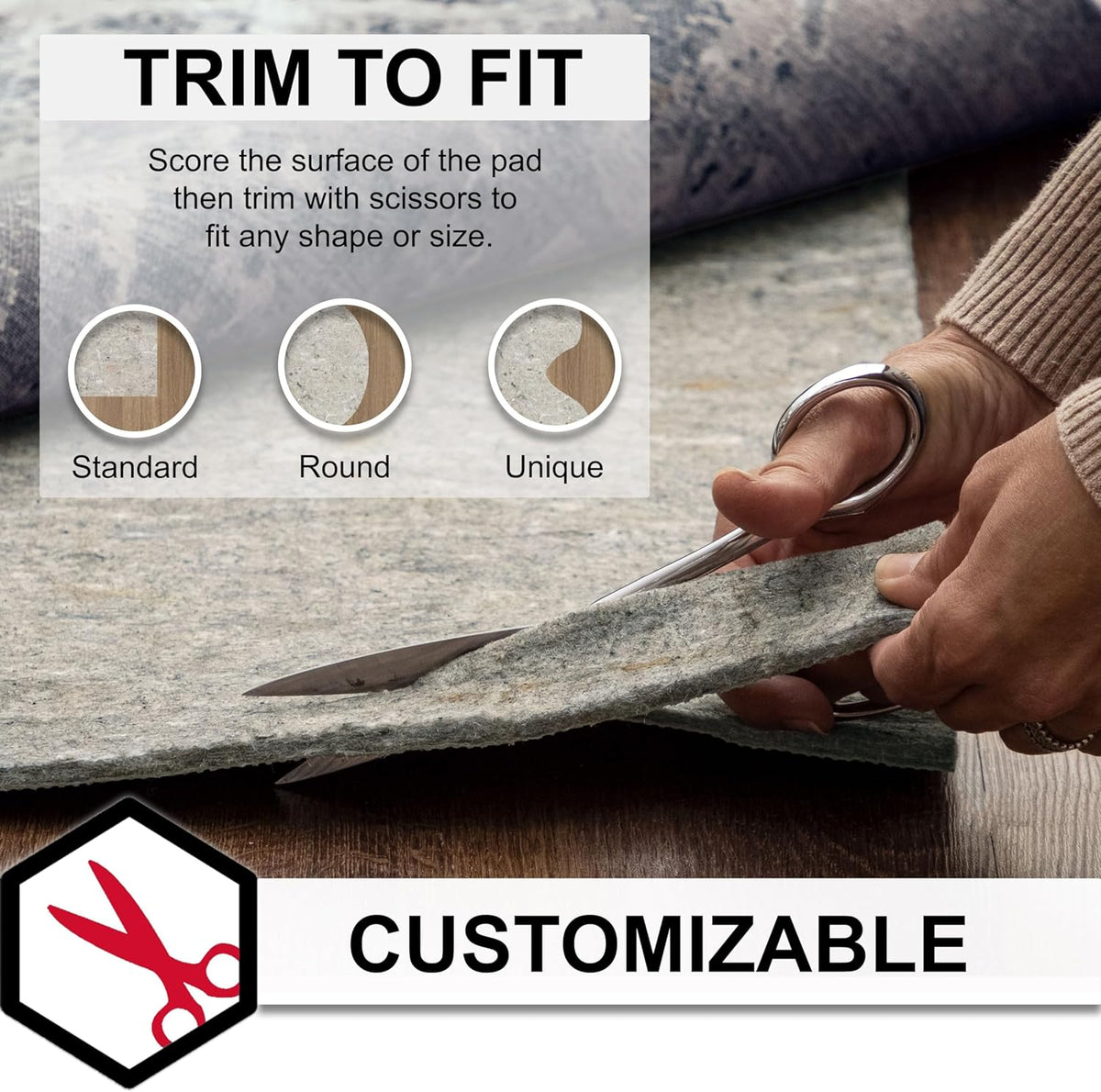 Hands trimming the felt pad with scissors to demonstrate customizable fit for round or unique shapes