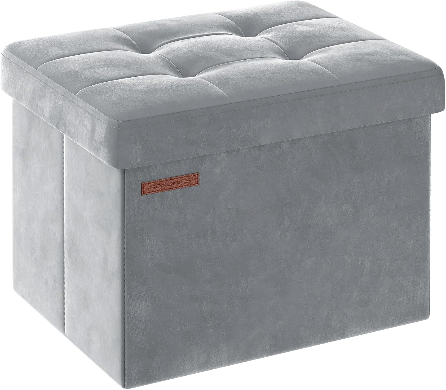 Light gray rectangular storage ottoman with tufted cushioned lid and smooth sides