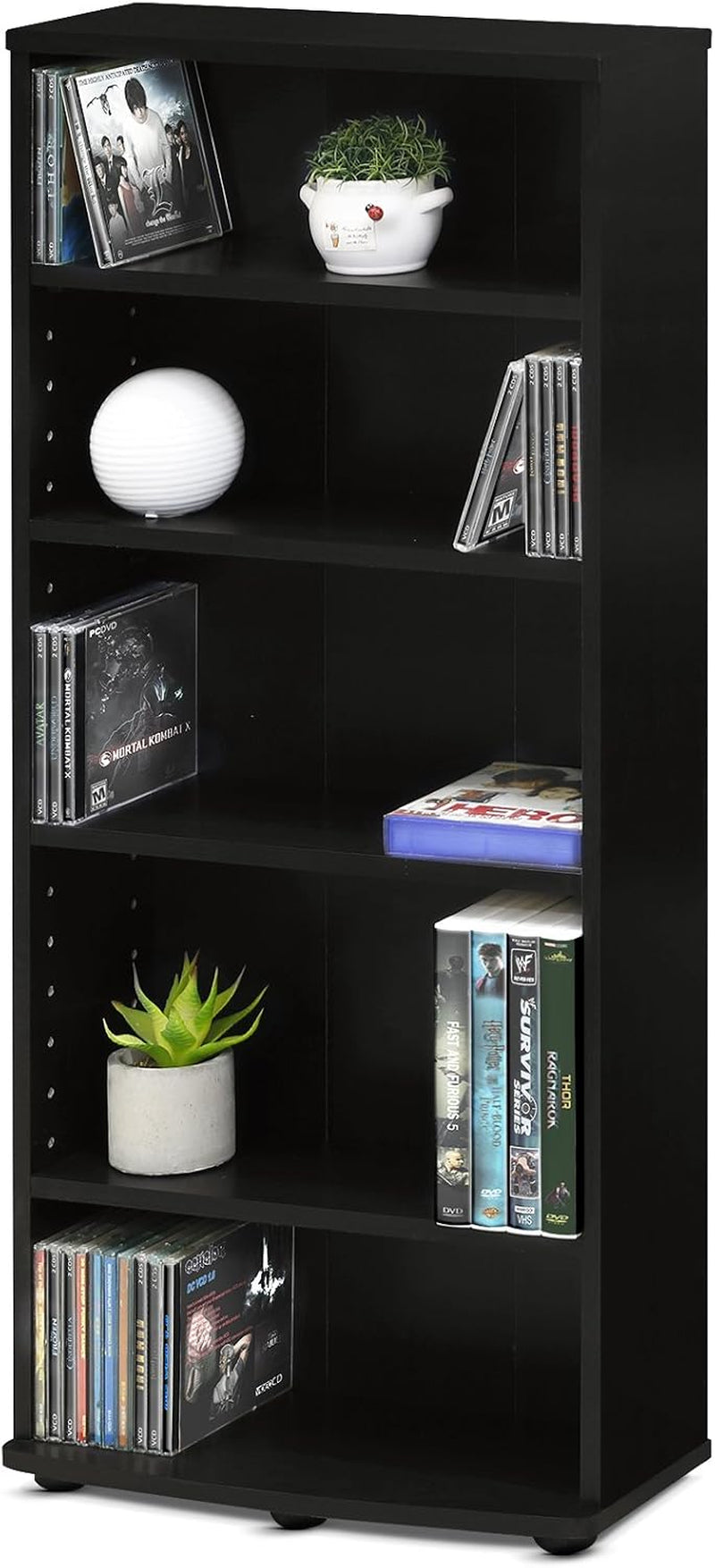 Black slim media tower front view with small decor, CD cases and a planter arranged on several shelves.