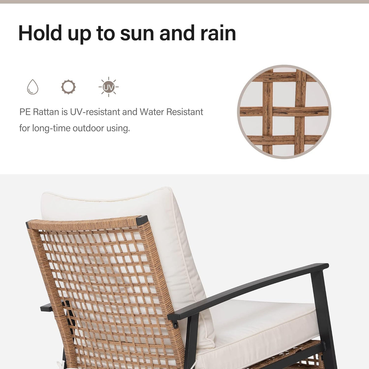 Close-up of beige back cushion and woven rattan chair back showing grid weave pattern